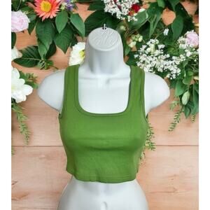 Green Ribbed Crop Tank Top Sz M Fitted Stretch Casual Blouse Cotton Blend
